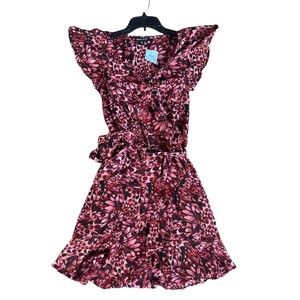 Midi Floral Animal Print Burgundy Ruffle Wrap Lined V Neck Womens Small Dress